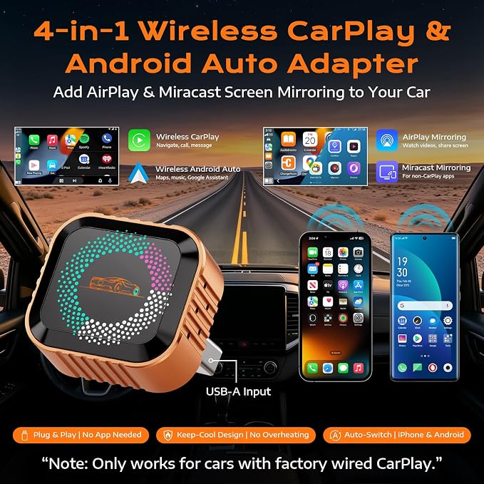 4-in-1 Wireless CarPlay Adapter with Screen Mirroring, Plug & Play No App | Watch Netflix/YouTube in Car, Android Auto AirPlay Mirror Link, Compatible with 800+ Cars iPhone Android, USB-A/C Input