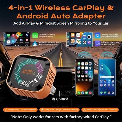 4-in-1 Wireless CarPlay Adapter with Screen Mirroring, Plug & Play No App | Watch Netflix/YouTube in Car, Android Auto AirPlay Mirror Link, Compatible with 800+ Cars iPhone Android, USB-A/C Input