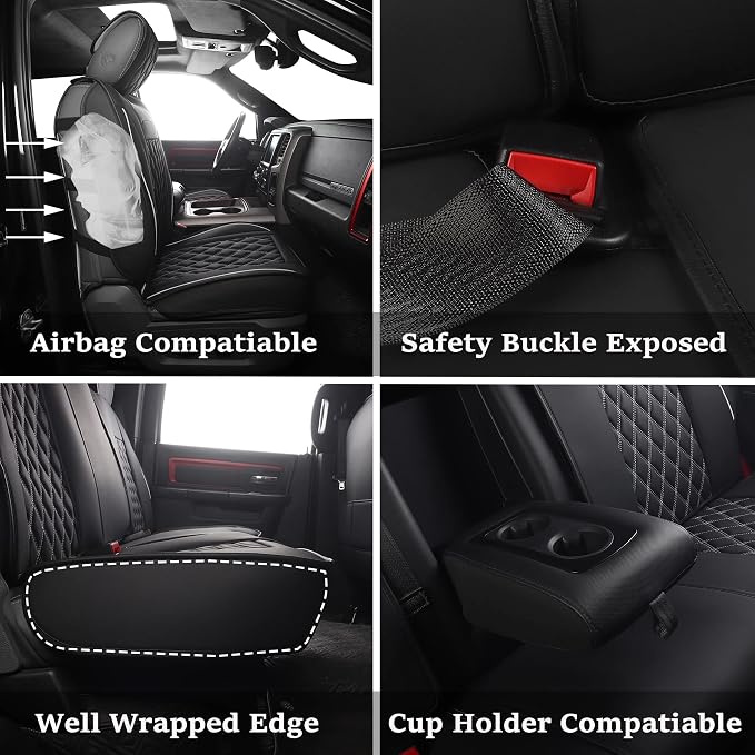 JOJOBAY Car Seat Covers for Dodge Ram,Fit 2009-2025 1500/2500/3500 HD Pick-up Truck,Crew,Regular,Quad,Mega Cab,Waterproof Synthetic Leather Seat Covers(5PCS-Full Set,Black-White)