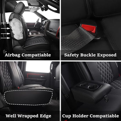 JOJOBAY Car Seat Covers for Dodge Ram,Fit 2009-2025 1500/2500/3500 HD Pick-up Truck,Crew,Regular,Quad,Mega Cab,Waterproof Synthetic Leather Seat Covers(5PCS-Full Set,Black-White)