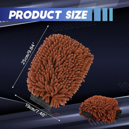 wuyaoyao 2PCS Car Wash Mitt, 10.14"×7.12" Chenille Microfiber Car Wash Mitts, Scratch-Free & Lint-Free, Absorbent Double Sided Clean Glove for Cars Cleaning, Auto Cleaning Supplies (Brown)