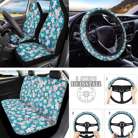 Tropital Flower Car Accessories Full Set, Turquoise Palm Leaf Front Rear Seat Cover with Matching, Colorful Ditsy Floral Steering Wheel Cover Seatbelt Pads Cup Mat Keychain