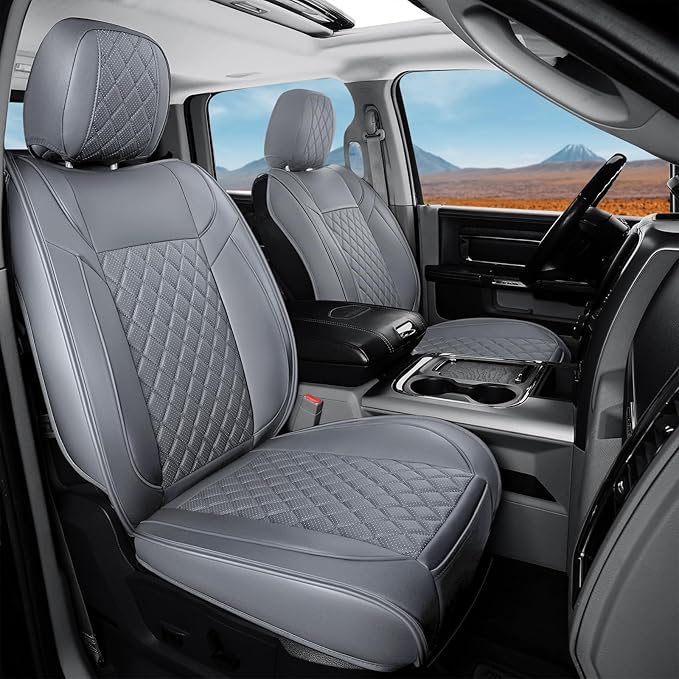 FREESOO Car Seat Covers Full Set for Dodge Ram 2002-2018 1500 & 2011-2026 2500 3500 Crew Quad Cab, 2019-2024 Ram 1500 Classic Leather Seat Cover, with Curved Bench, Grey