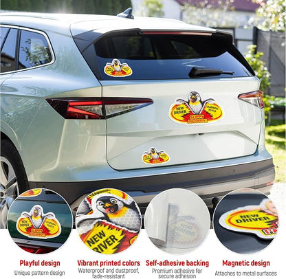 3 Pcs Reflective Student Driver Magnet and Stickers Set - Funny Animal New Driver Safety Signs for Car, Waterproof & Weatherproof High Visibility Vehicle Bumper Decals, Magnet + Stickers (Penguin)