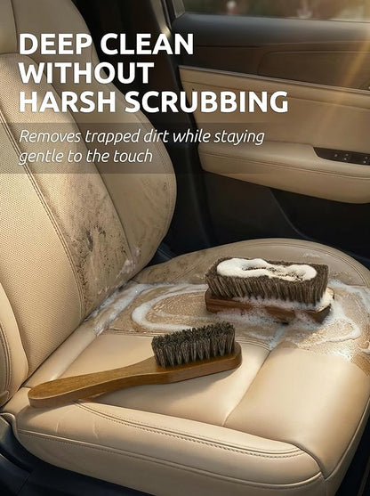 TAKAVU Leather & Upholstery Cleaning Brush Set, 100% Horse Hair Bristle, to Clean Car Seats & Leather Sofas, for Alcantara, Interiors, Furniture, Boots, Shoes, Bags and More