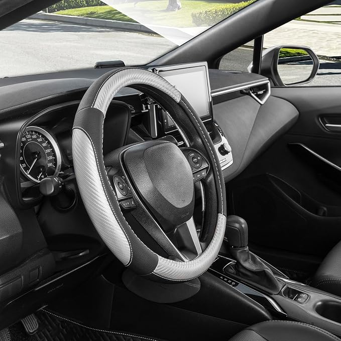 SEG Direct Car Steering Wheel Cover for Prius Civic Model 3 Model Y Camaro, Small Size 14-14.25 inch, Auto Interior Accessories, Black with Sliver Carbon Fiber Pattern