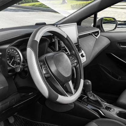 SEG Direct Car Steering Wheel Cover for Prius Civic Model 3 Model Y Camaro, Small Size 14-14.25 inch, Auto Interior Accessories, Black with Sliver Carbon Fiber Pattern