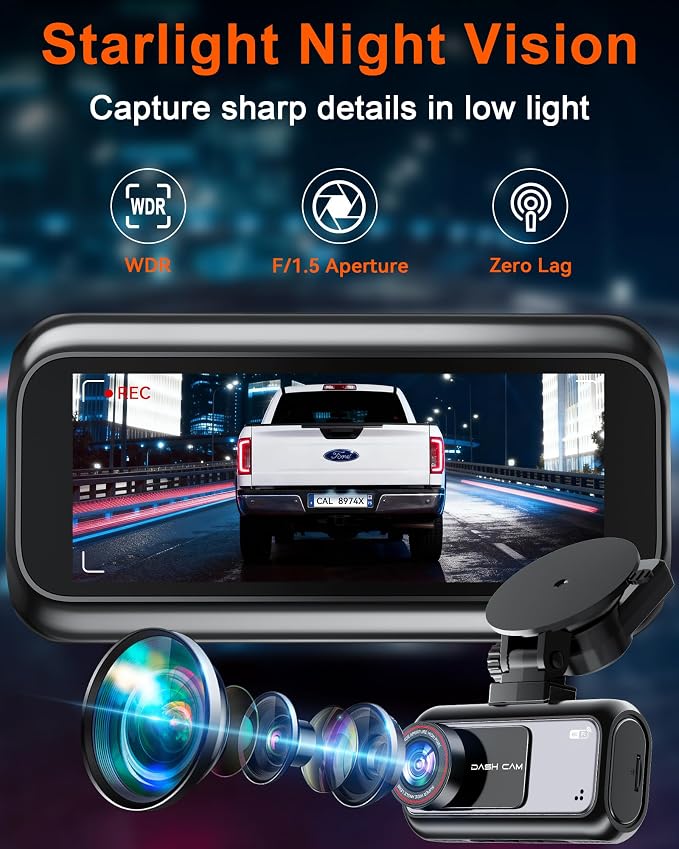 Pemacom Truck Dash Cam Easy-Steup: Dual Camera 4K Front and 2K Rear with Night Vision GPS WiFi Clear Captures Pickup Trucks License Plates - 72H Parking Monitoring for Daily Commute