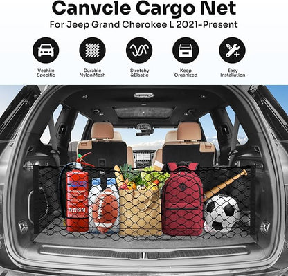 Canvcle Trunk Cargo Net for 2021-2026 Jeep Grand Cherokee L (7 Seats) Accessories Envelope Style Mesh Trunk Net Organizer and Storage Stretchable Adjustable Elastic Nylon Rear Cargo Netting with Hooks