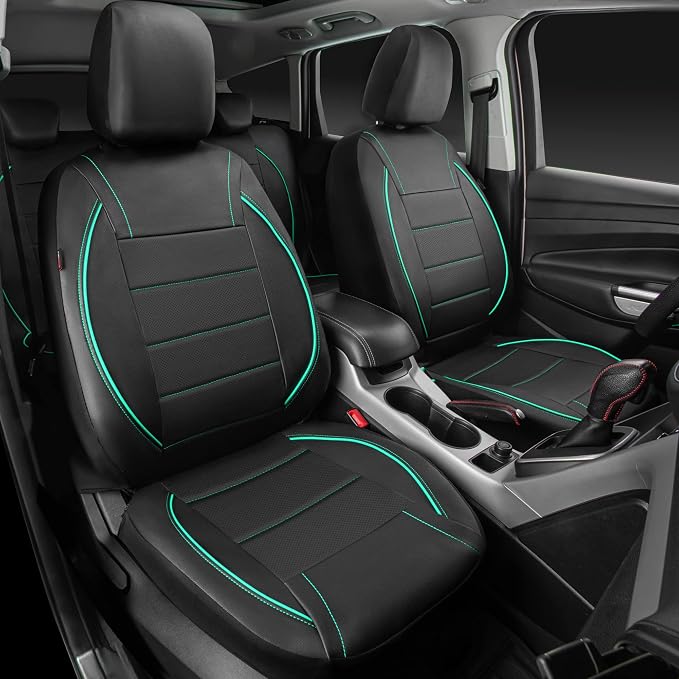 CAR PASS Universal FIT Piping Leather Car Seat Cover, for suvs,Van,Trucks,Airbag Compatible,Inside Zipper Design and Reserved Opening Holes (Full Set, Black and Mint)