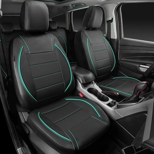 CAR PASS Universal FIT Piping Leather Car Seat Cover, for suvs,Van,Trucks,Airbag Compatible,Inside Zipper Design and Reserved Opening Holes (Full Set, Black and Mint)