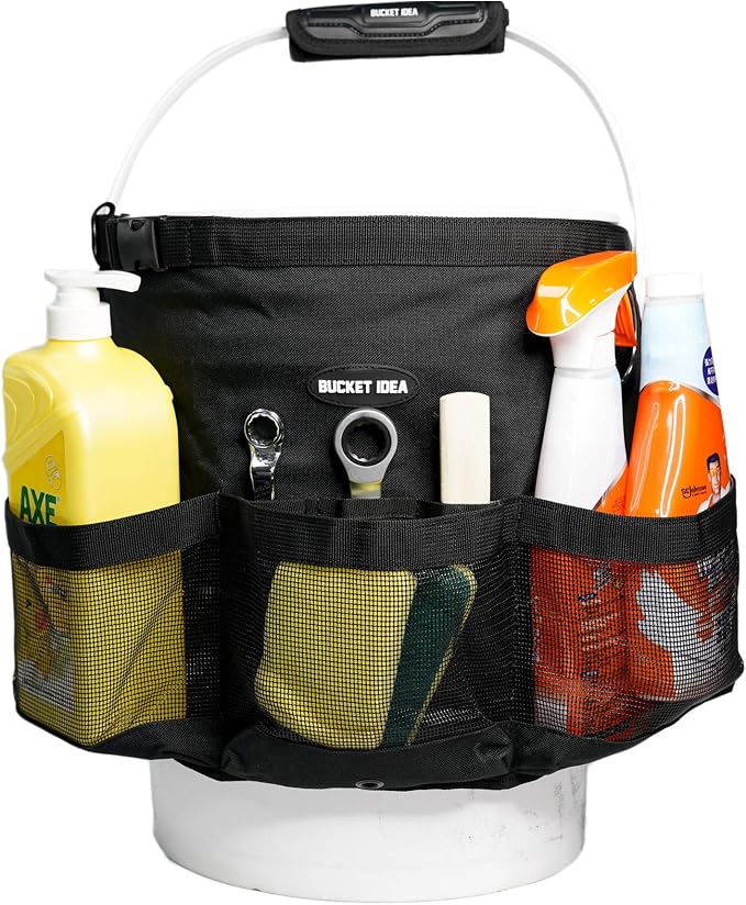 MELOTOUGH Bucket Car Wash Tool Organizer for Garden Cleaning bucket organizer Water-resistant Mesh Pockets for Clean Supplier, Car Wash Supplier Tools Fit 3.5 to 5 Gallon Bucket (Black)