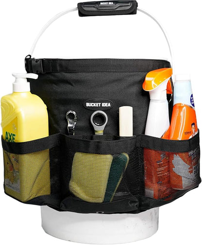 MELOTOUGH Bucket Car Wash Tool Organizer for Garden Cleaning bucket organizer Water-resistant Mesh Pockets for Clean Supplier, Car Wash Supplier Tools Fit 3.5 to 5 Gallon Bucket (Black)
