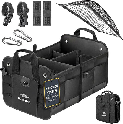 2-Section Trunk Organizer Foldable Car Storage Bin – Compact Dual-Compartment Auto Organizer with Cover Net, Non-Slip Pads, Heavy Duty Oxford 1680D – Black