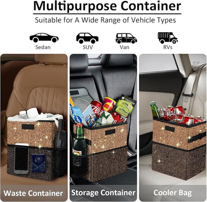 Cute Mini Car Trash Bag with Lid, Glitter Garbage Can Bin Hanging for Back/Front Seat/Console, Waterproof, Leakproof, 2.5 Gallon, Brown Bling Sparkly