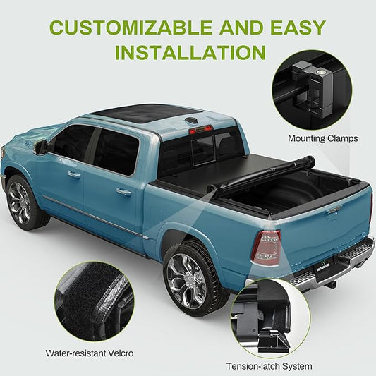 AUTOSAVER88 Soft Roll Up Truck Bed Tonneau Cover Compatible with Dodge Ram 1500 2019-2026 New Body Style 5.7ft w/o RamBox