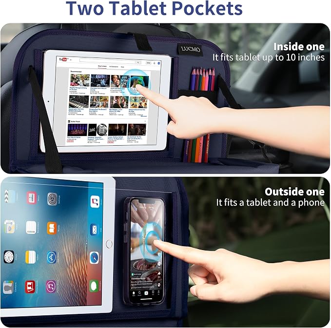 LUCMO Car Backseat Organizer with Tablet Holder-2 Pcs,6 Storage Pockets Car Storage Organizer with Foldable Food Tray,Protectors Kick Mats Travel Accessories-Dark Blue