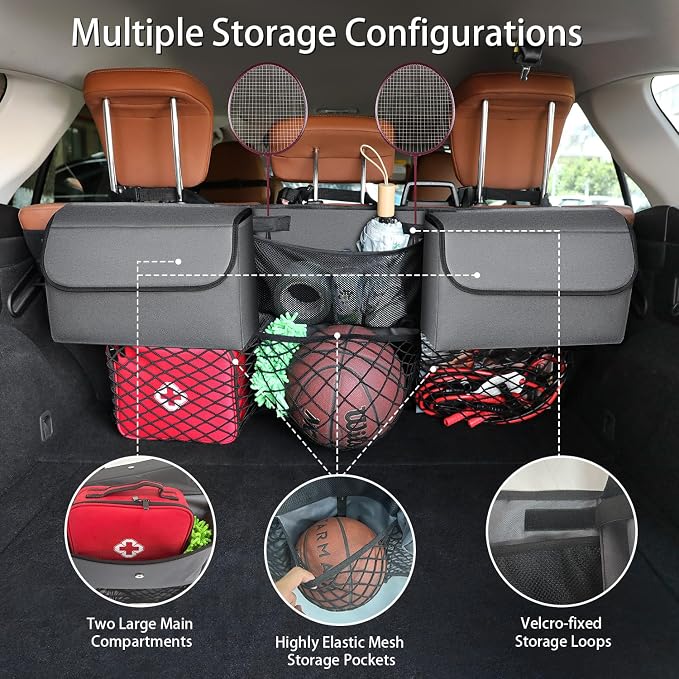 Deluxe Trunk Organizer, Grey, Compact & Mid Size SUV | Backseat Hanging, Waterproof Collapsible, 6 Pockets, Reinforced No-Sag Design