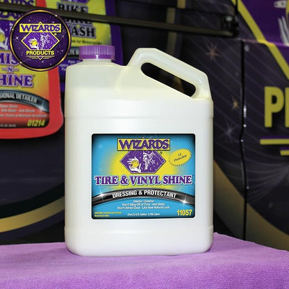 Wizards - Vinyl & Tire Shine Spray, Tire Dressing and Protectant, Professional Detail Spray, No Sling Off, Anti-static Car Detailing Spray, KeepingTires & Vinyls Look New, Car Care Products, 1 Gallon