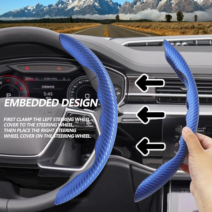 2pcs Universal Fit Carbon Fiber Steering Wheel Cover, Anti-Skid Steering Wheel Cover/Segmented Steering Wheel Protector/Car Interior Accessories (Blue)