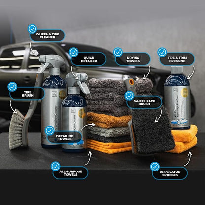 The Rag Company - Complete Wheel & Tire Cleaning Kit - Includes Wheel Cleaner, Exterior Detailing Sprays, Microfiber Towels, Brushes, Applicators - 15 Piece Kit