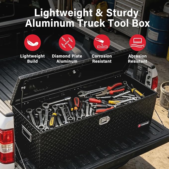 FORWODE 48 Inch Aluminum Truck Tool Box Lockable Truck Bed Tool Box Waterproof Truck Bed Storage Box with Gas Struts & Side Handle Truck Tool Chest for Pickup, Truck Bed, RV, Trailer & Garage (Black)