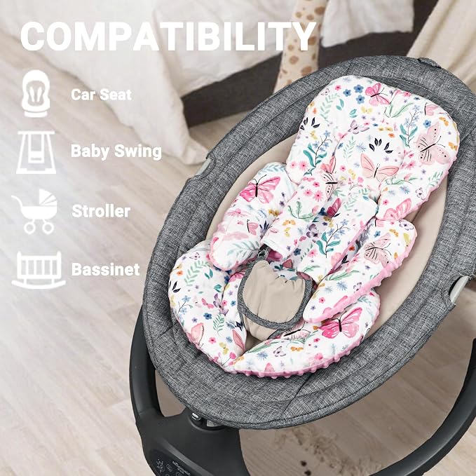 Infant Car Seat Insert Girls, Soft Car Seat Head Support Baby & 2 Strap Pads, Preemie Newborn Carseat Insert Reversible Fits for Stroller, Baby Swing, Rocker, Bassinets, Bouncer, Butterfly