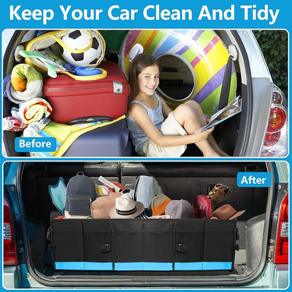 AOPHY Trunk Organizer for Car, Car Storage Organizer with 2 adjustable straps, 95L Large Capacity Cargo Organizer for Suv, Truck, Sedan, Waterproof Portable Car Organizers for Women Men（Blue）