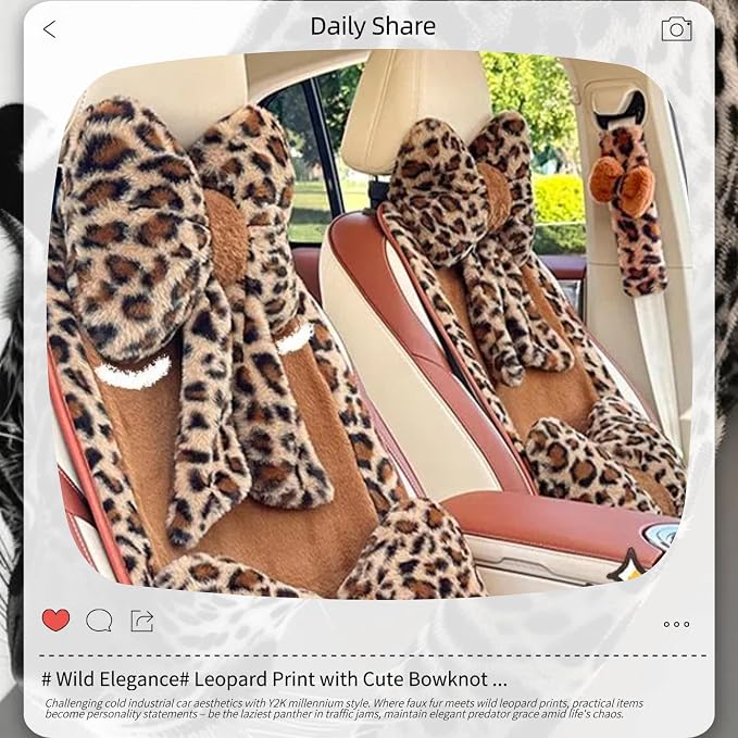 Car Neck Pillow 2PCS Plush Bowknot Car Headrest Pillow – Comfortable Neck Support for Driving Soft Touch Fabric Car Pillow Cute Interior Decor (Leopard)