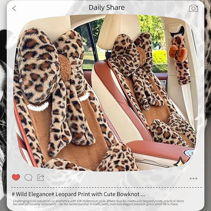 Car Neck Pillow 2PCS Plush Bowknot Car Headrest Pillow – Comfortable Neck Support for Driving Soft Touch Fabric Car Pillow Cute Interior Decor (Leopard)