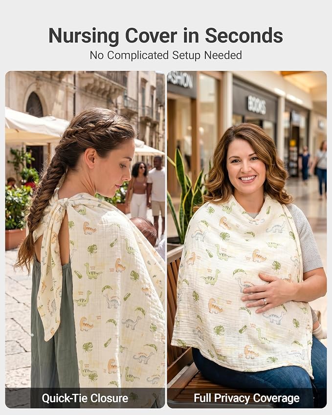 Metplus 100% Muslin Car Seat Cover Baby & Nursing Cover, Soft Breathable Infant Carseat Canopy for Summer, Stroller & Carrier Sunshade for Boys Girls (Cute Dinosaur)