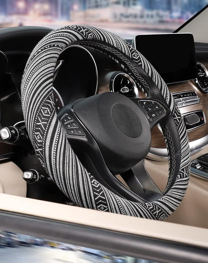 SEG Direct Boho Steering Wheel Cover with Baja Blanket Cloth, Ethnic Style Auto Wheel Cover Made of Coarse Flax, Fits 14 1/2-15 1/4 inches Car Wheel