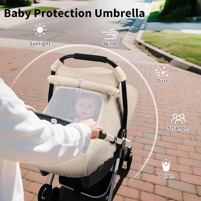 Rquite Car Seat Cover Baby, Carseat Covers Girl Boy, Breathable Muslin Cotton, Large Mesh Window, Infant Car Seat Canopy Baby Carrier Cover Stroller Sun Shade for Summer & Hot Day, Beige