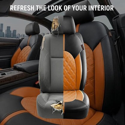 CAROMOP Luxury PU Leather Car Seat Covers Front Set, Anti-Stain Waterproof Automotive Seat Covers for Cars, Universal Car Interior Covers Seat Protectors for SUVs Pick-up Trucks(Orange Brown)