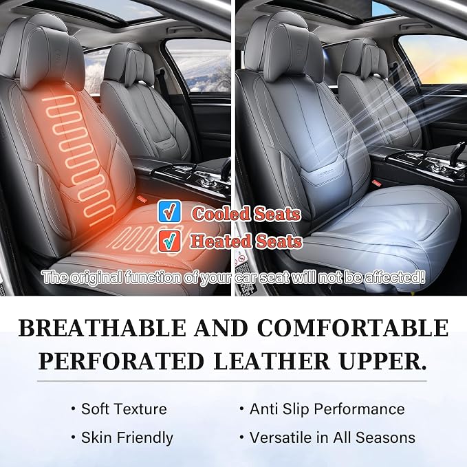 Coverado Universal Seat Covers Full Set, 5 Seats Universal Seat Covers for Cars, Waterproof Nappa Leather Car Seat Covers with Head Pillow, Auto Protectors Fit for Most Sedans SUV Pick-up Truck-Gray
