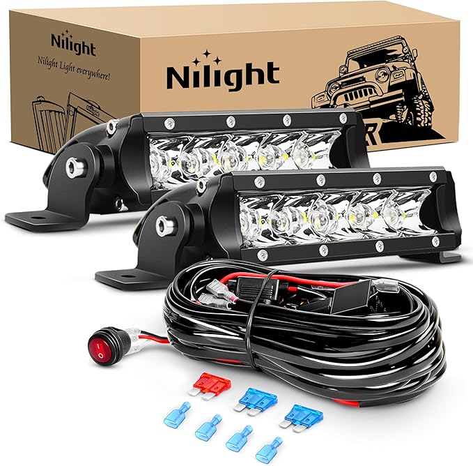 Nilight Led Pods 7 Inch 30W Super Slim Spot LED Light Bar Off Road Lights Driving Fog Lights with 16AWG Wiring Harness Kit-2 Leads for Van Camper Car Pickup Golf Cart ATV UTV SUV Truck Boat 4x4