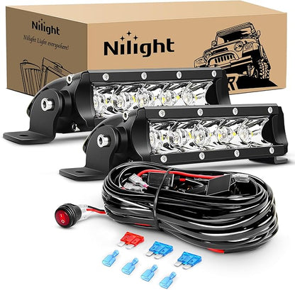 Nilight Led Pods 7 Inch 30W Super Slim Spot LED Light Bar Off Road Lights Driving Fog Lights with 16AWG Wiring Harness Kit-2 Leads for Van Camper Car Pickup Golf Cart ATV UTV SUV Truck Boat 4x4