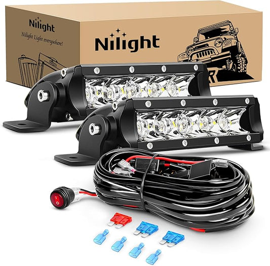 Nilight Led Pods 7 Inch 30W Super Slim Spot LED Light Bar Off Road Lights Driving Fog Lights with 16AWG Wiring Harness Kit-2 Leads for Van Camper Car Pickup Golf Cart ATV UTV SUV Truck Boat 4x4