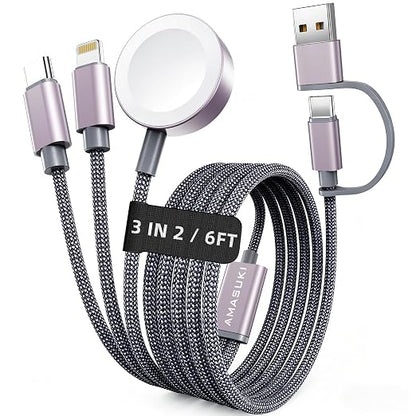 Travel Essentials,3 in 2 USB C Cable for Apple Watch Charger,iPhone Charger,Multi Charging Cable,Cruise Vacation Camping Essentials for iWatch Series 11-2/Ultra,iPhone 17-12,Car Accessories,Grey-6FT