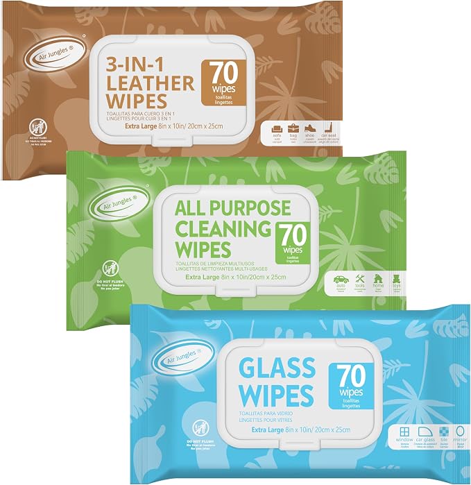 Air Jungles Car Interior Cleaning Wipes Set 210 Count, XL 8" x 10" Wipe for Car Leather Seat, Windshield Window Mirror Cleaning, Steering Wheel & Vinyl Cleaning, Multi-Purpose Wipes