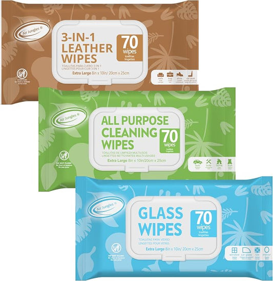 Air Jungles Car Interior Cleaning Wipes Set 210 Count, XL 8" x 10" Wipe for Car Leather Seat, Windshield Window Mirror Cleaning, Steering Wheel & Vinyl Cleaning, Multi-Purpose Wipes