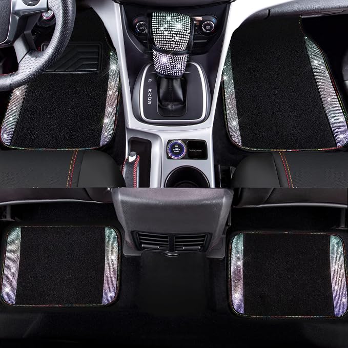 CAR PASS 23 PCS Bling Diamond Car Accessories Set for Women, Leather Car Seat Covers Full Set Sparkly Rhinestone15'' Steering Wheel Covers Shining Diamond Floor Mats Car Interior Sets, Multicolor