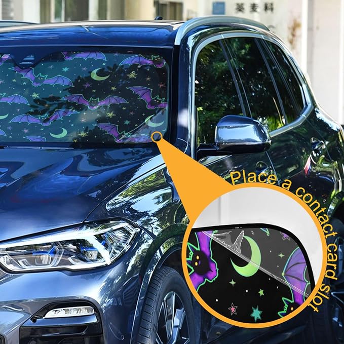 Neon Bats Moons Stars Windshield Sun Shade for Car Auto SUV Truck Foldable Front Window Sunshade Sun Visor Protector Block UV Rays Reflect Heat, 55" x 28"
