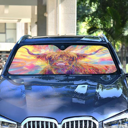 Windshield Sun Shade Abstract Highland Cow Front Window Block UV Shades Visor Reflective Retractable for Car SUV Trucks