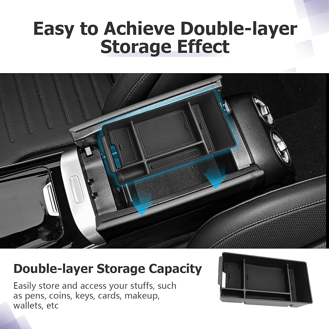 LUWU Center Console Organizer Compatible with 2022-2026 Benz C-Class C300/C300 4Matic/AMG C43/AMG C63 SE Performance W206 Accessories Armrest Console Storage Box Insert Tray ABS Material Black
