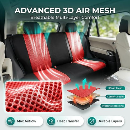 FH Group Automotive Rear Car Seat Covers for SUV, Trucks, Sedan and More - Universal Fit Front High Back & Rear Solid Bench Design Interior Accessories - 3D Mesh Fabric Center Panel - Red