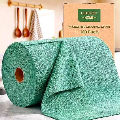 Microfiber Cleaning Cloth Roll–100 Pack, Tear Away Microfiber Towels, Reusable, Washable, Scratch-Free, Kitchen Towels for Car, Home, Kitchen, Glass, Dishes (Malachite Green)