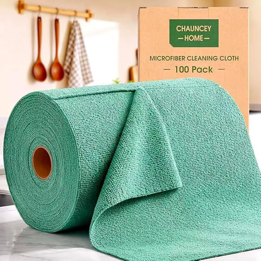 Microfiber Cleaning Cloth Roll–100 Pack, Tear Away Microfiber Towels, Reusable, Washable, Scratch-Free, Kitchen Towels for Car, Home, Kitchen, Glass, Dishes (Malachite Green)