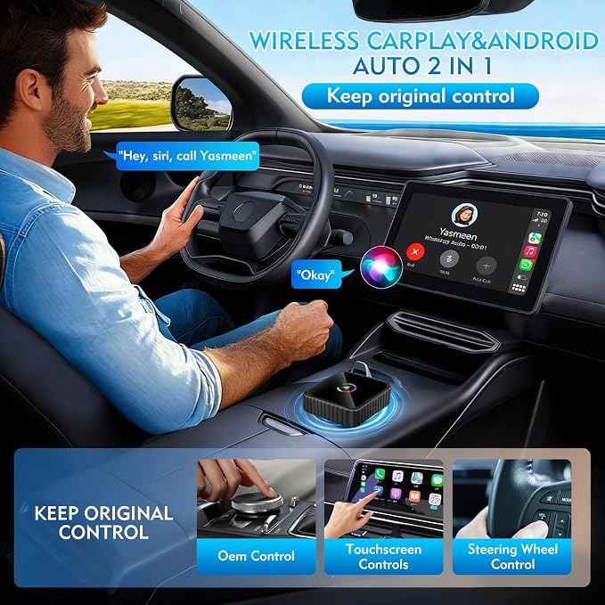 Wireless CarPlay Adapter, 2-in-1 Mini CarPlay & Android Auto Wireless Adapter, Plug & Play, Auto Connect, Car Accessories, Car Play Dongle Compatible with iPhone & Android
