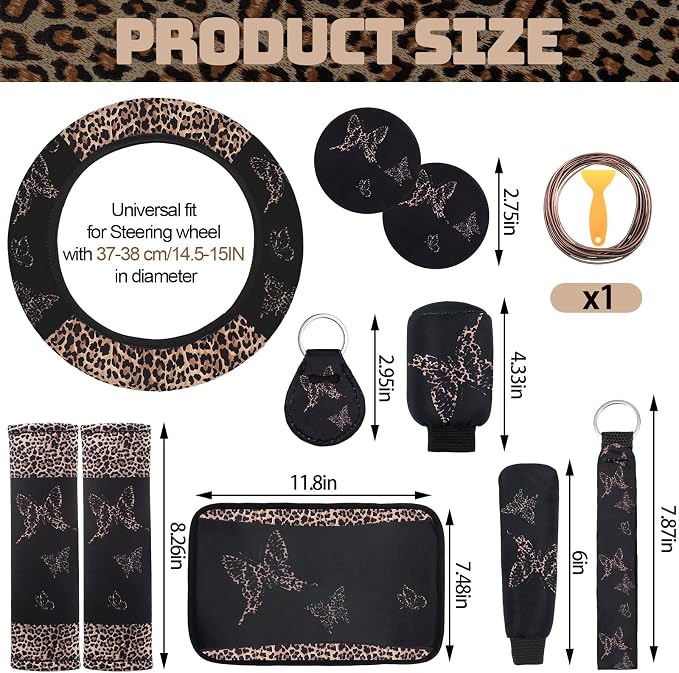 BBTO 43 Pcs Butterfly Car Seat Full Set Butterfly Car Accessories for Women 5 Front Rear Seat Covers Wrist Strap 2 Pcs Cup Mat Armrest Pad 2 Belt Xmas Cover Accessories for SUV(Brown Leopard Print)